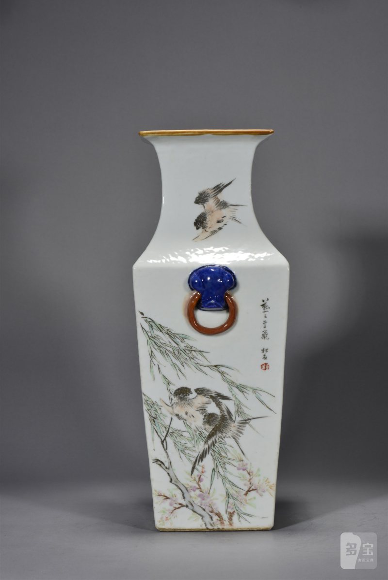 清光绪 程松石浅绛彩山水人物花鸟四方瓶 - 图9